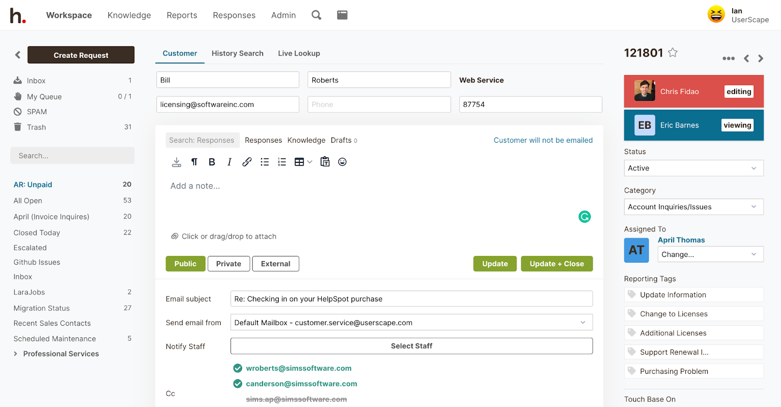 Agent Collision Detection in HelpSpot shows you if any other agents are viewing or editing a response for that specific message at the same time.