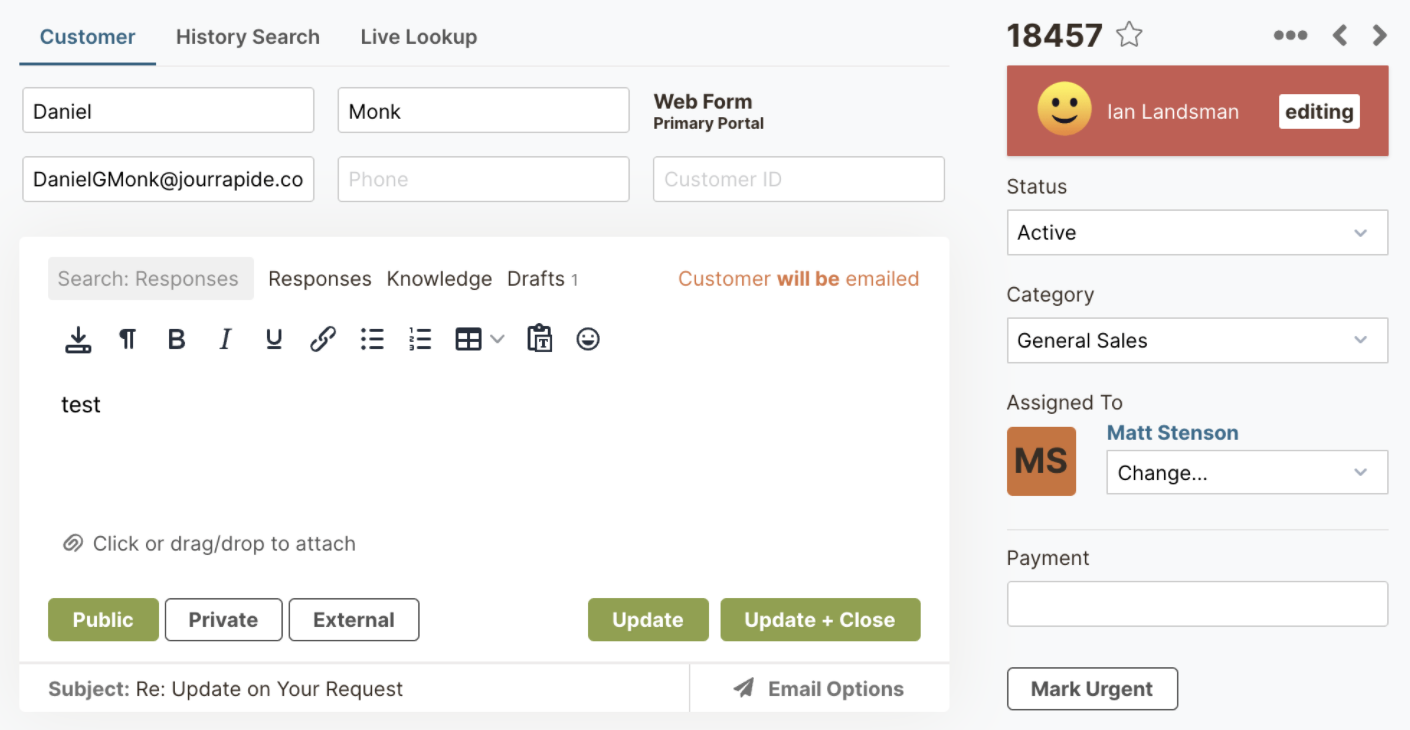 Conflict detection shows who is viewing or responding to a ticket in real-time, so that multiple responses don't get sent.